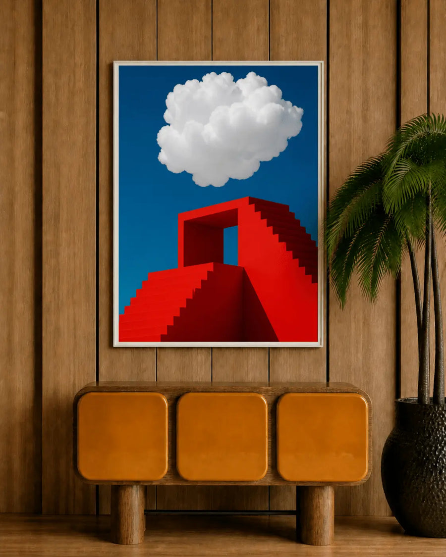 alt
Impresión enmarcada con fondo azul, nube blanca y escaleras geométricas rojas; borde blanco.