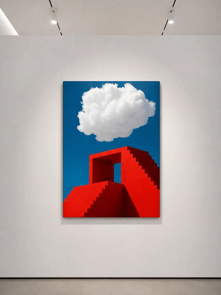 alt
Impresión de póster con una nube blanca sobre escalones de bloques rojos con fondo azul.