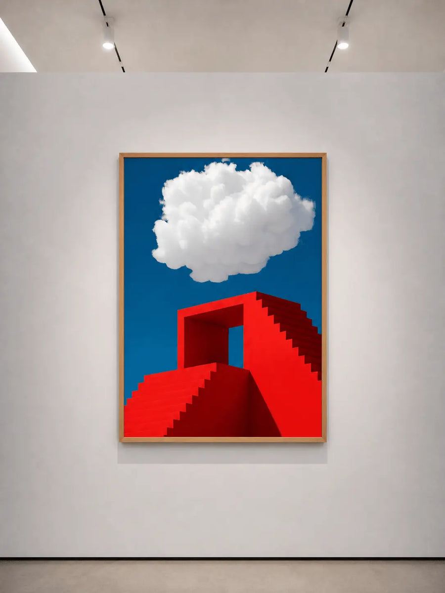Framed wall art con marco marrón, fondo azul, nube blanca y escaleras geométricas rojas.