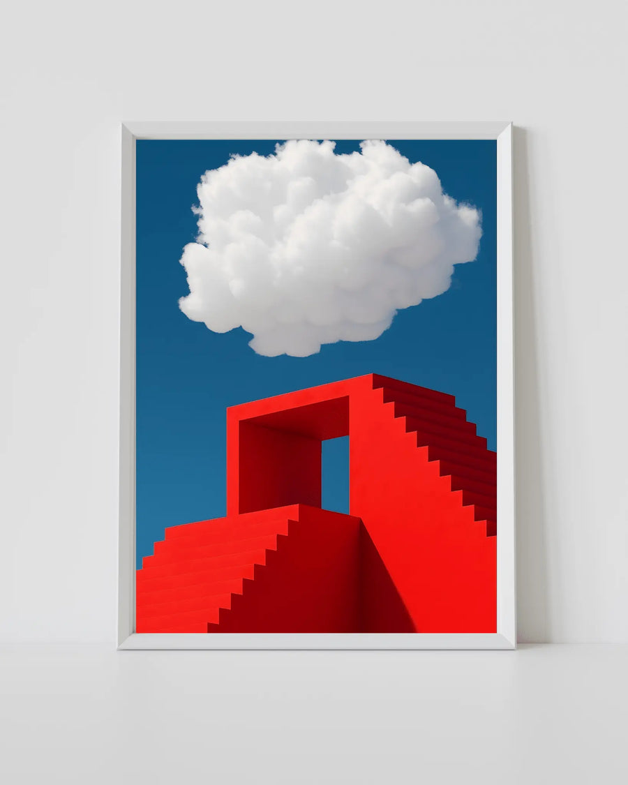 Arte mural enmarcado con fondo azul, nube blanca y escaleras geométricas rojas; marco blanco.