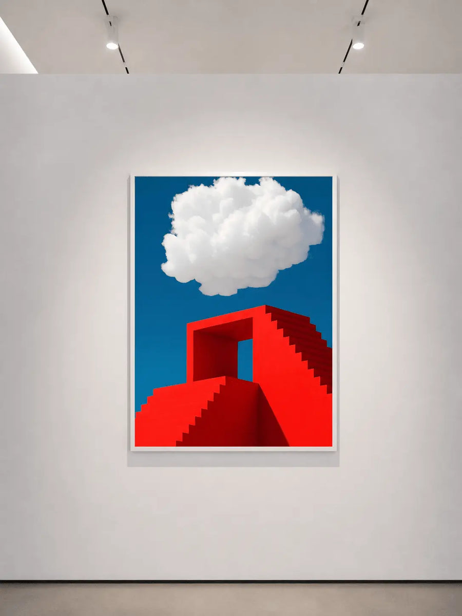 alt
Impresión de póster con fondo azul, nube blanca y escaleras geométricas rojas.