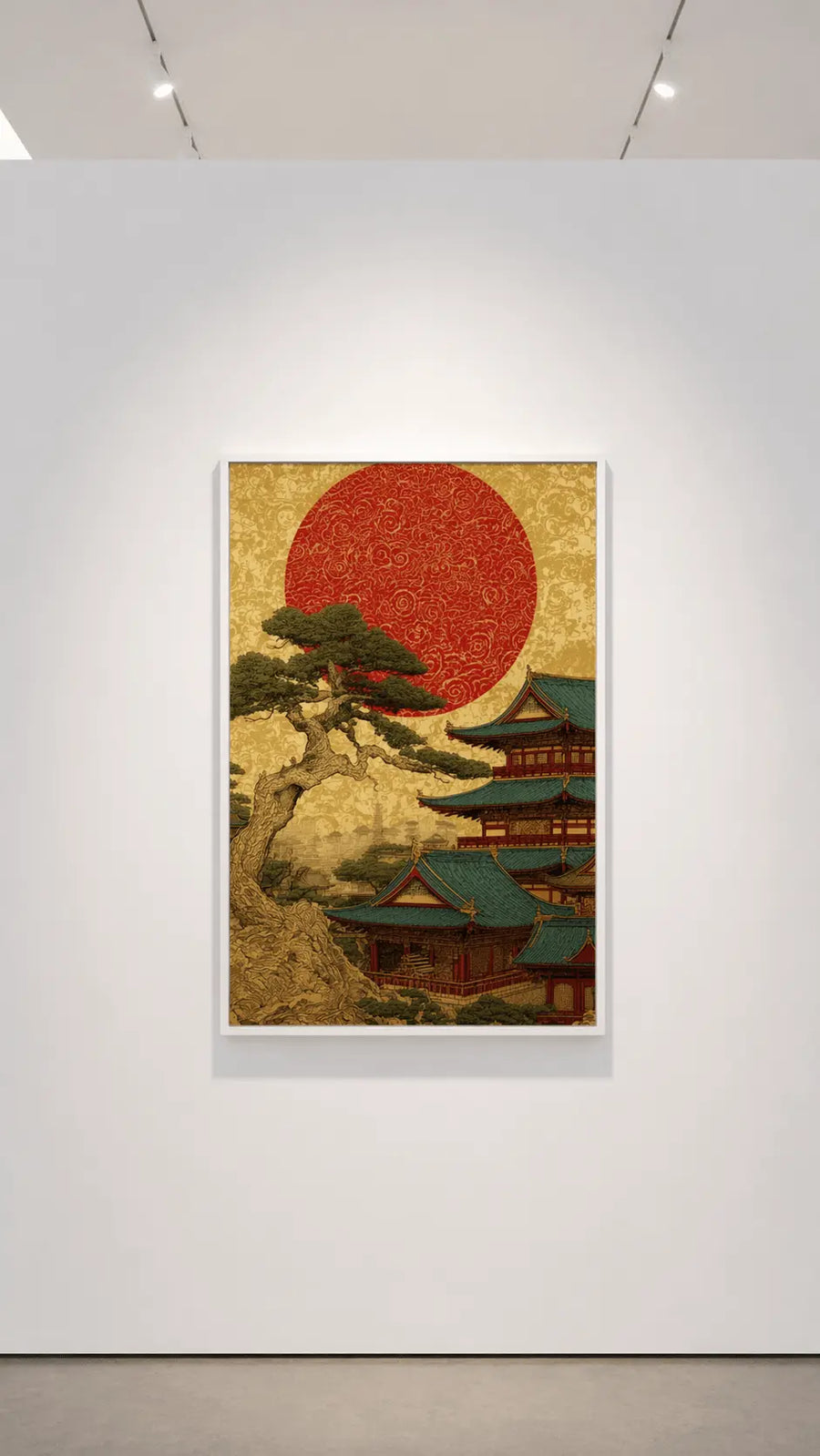 Impresión de arte mural del sol rojo sobre los tejados de un templo de Kioto con ramas de pino