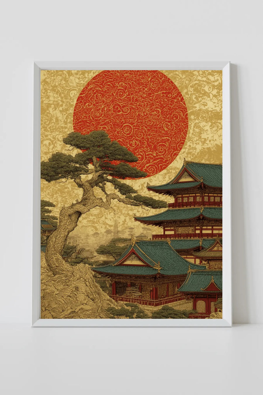 alt
Impresión de arte mural enmarcada con sol rojo sobre los tejados tradicionales de un templo de Kioto y un pino