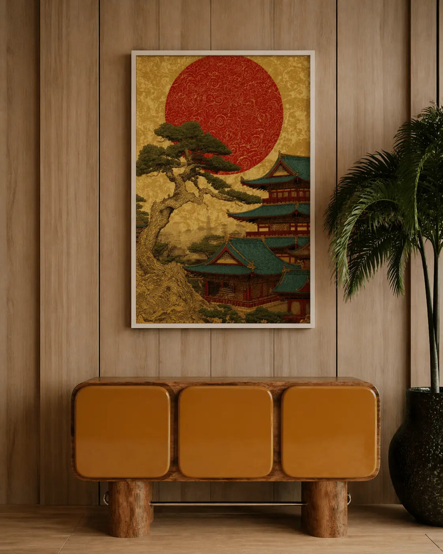 Framed wall art con sol rojo, pino y tejados de templo de Kioto sobre fondo beige