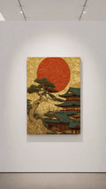 Unframed Kyoto canvas with a green-roofed temple, pine tree and red sun on a gold background