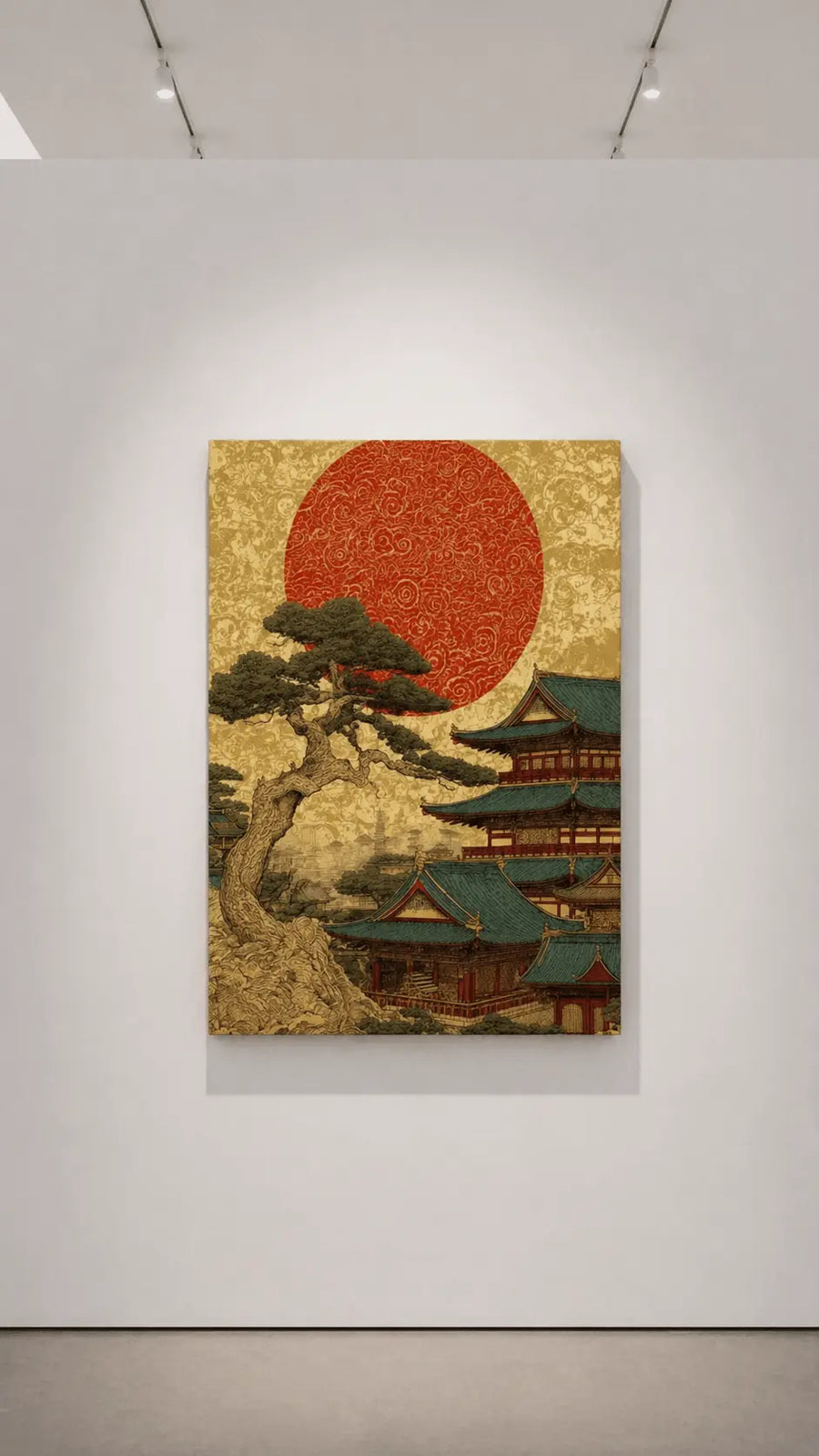 alt
Lámina enmarcada de arte mural con un sol rojo sobre los tejados de un templo de Kioto y un árbol pintoresco