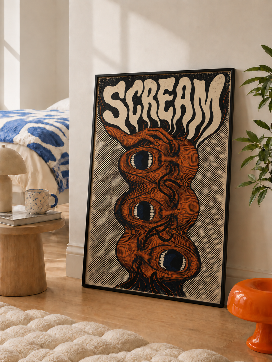 Scream psychedelic eye wall art displayed in an eclectic modern living room