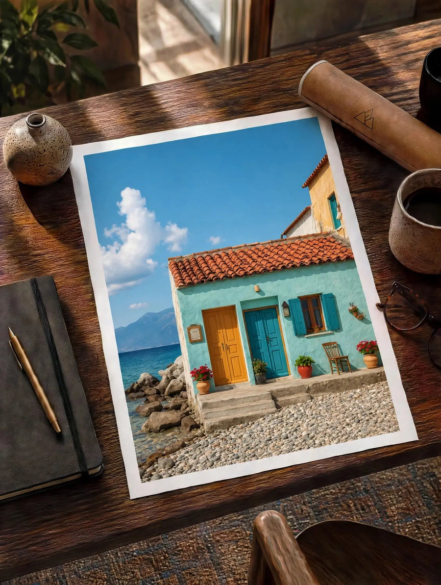 Coastal cottage art print angled view with orange roof, teal door, pebble path