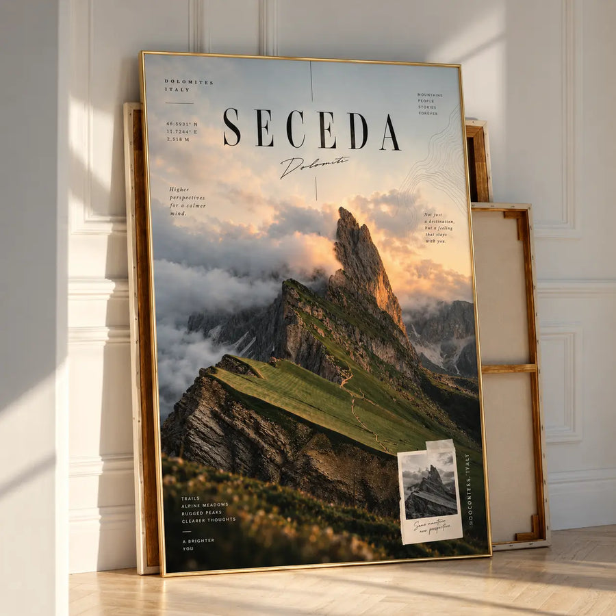 Seceda Mountain Art Print featuring dramatic Dolomites peaks rising above layered green alpine ridges