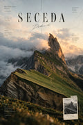 Crête montagneuse de Seceda avec pente verte, nuages et lumière chaude sous le titre « SECEDA ».