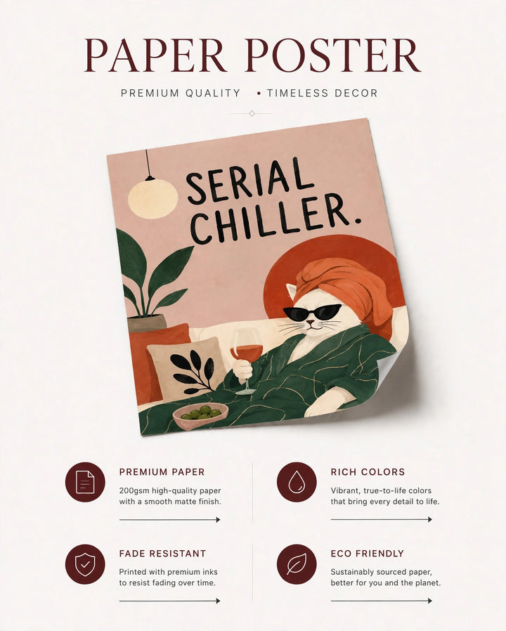 Cat paper poster with “Serial Chiller” artwork and product info text on the reverse