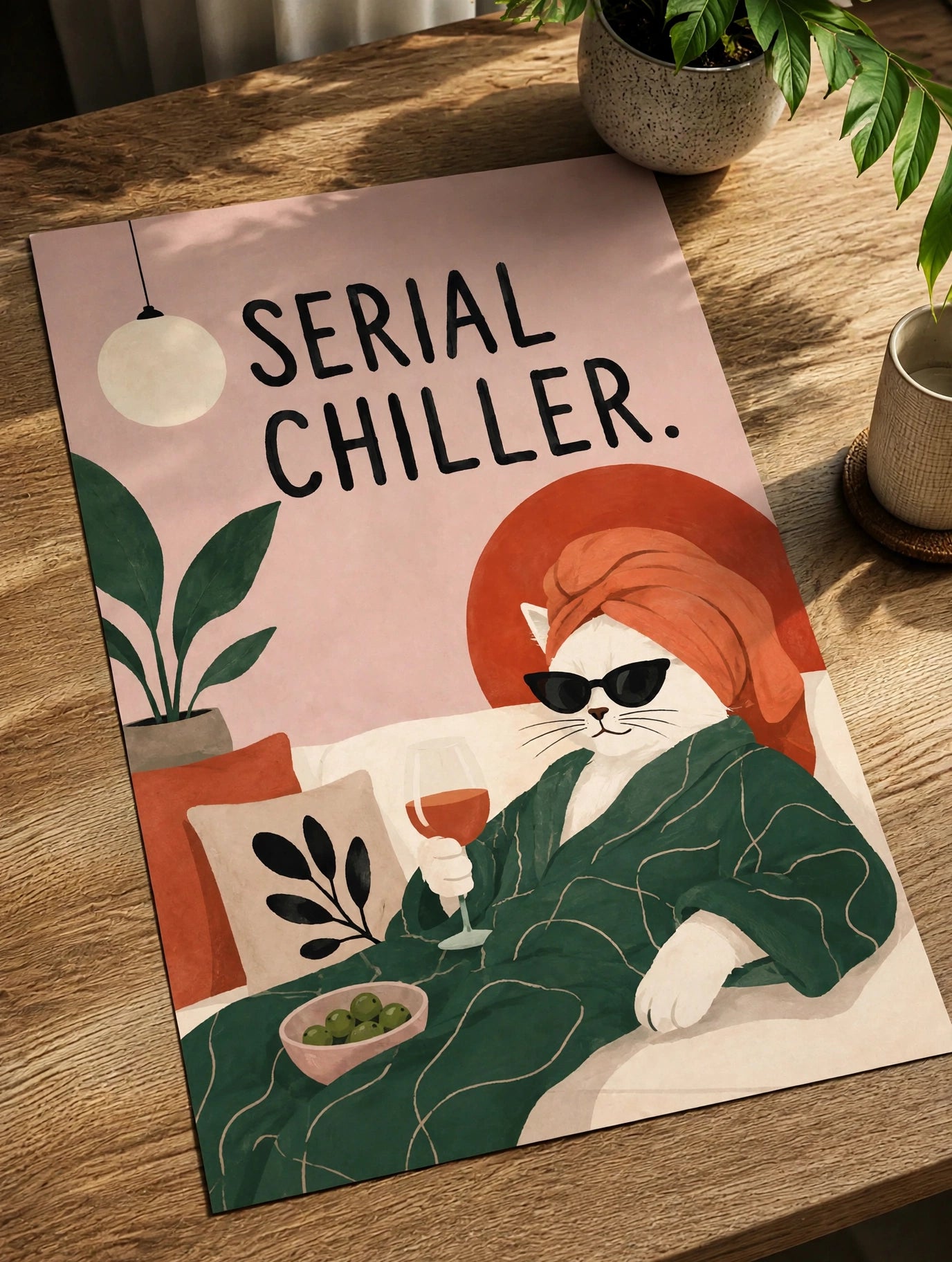 Unframed cat art print on a wooden table, orange cat holding a drink, “Serial Chiller”