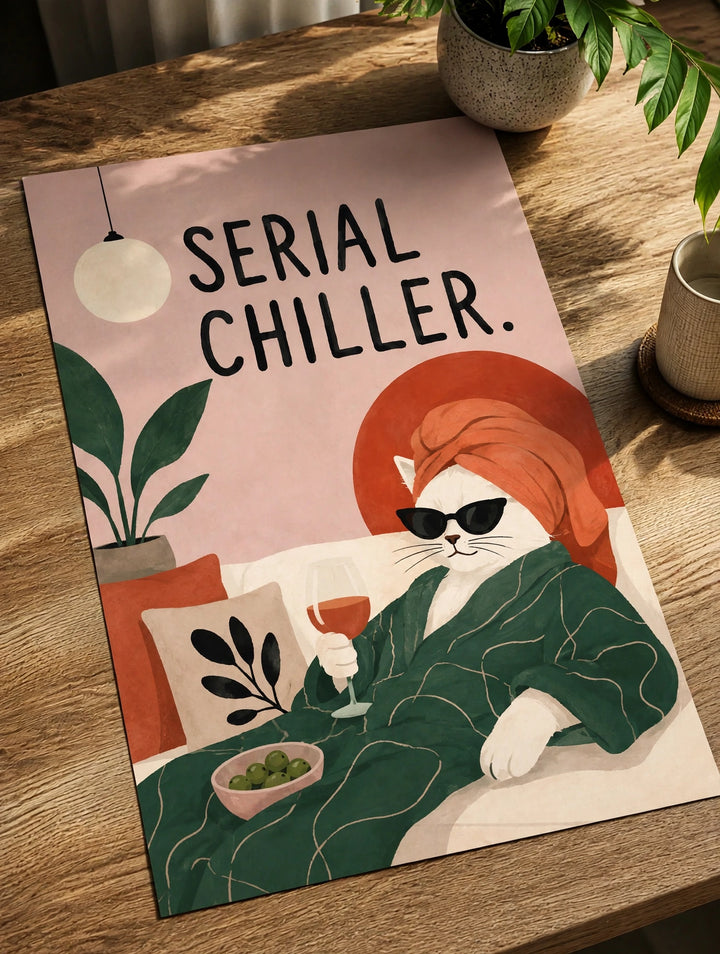 Unframed cat art print on a wooden table, orange cat holding a drink, “Serial Chiller”