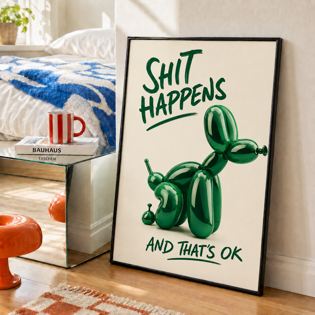 Framed balloon dog wall art with green dog and 'Shit Happens' text