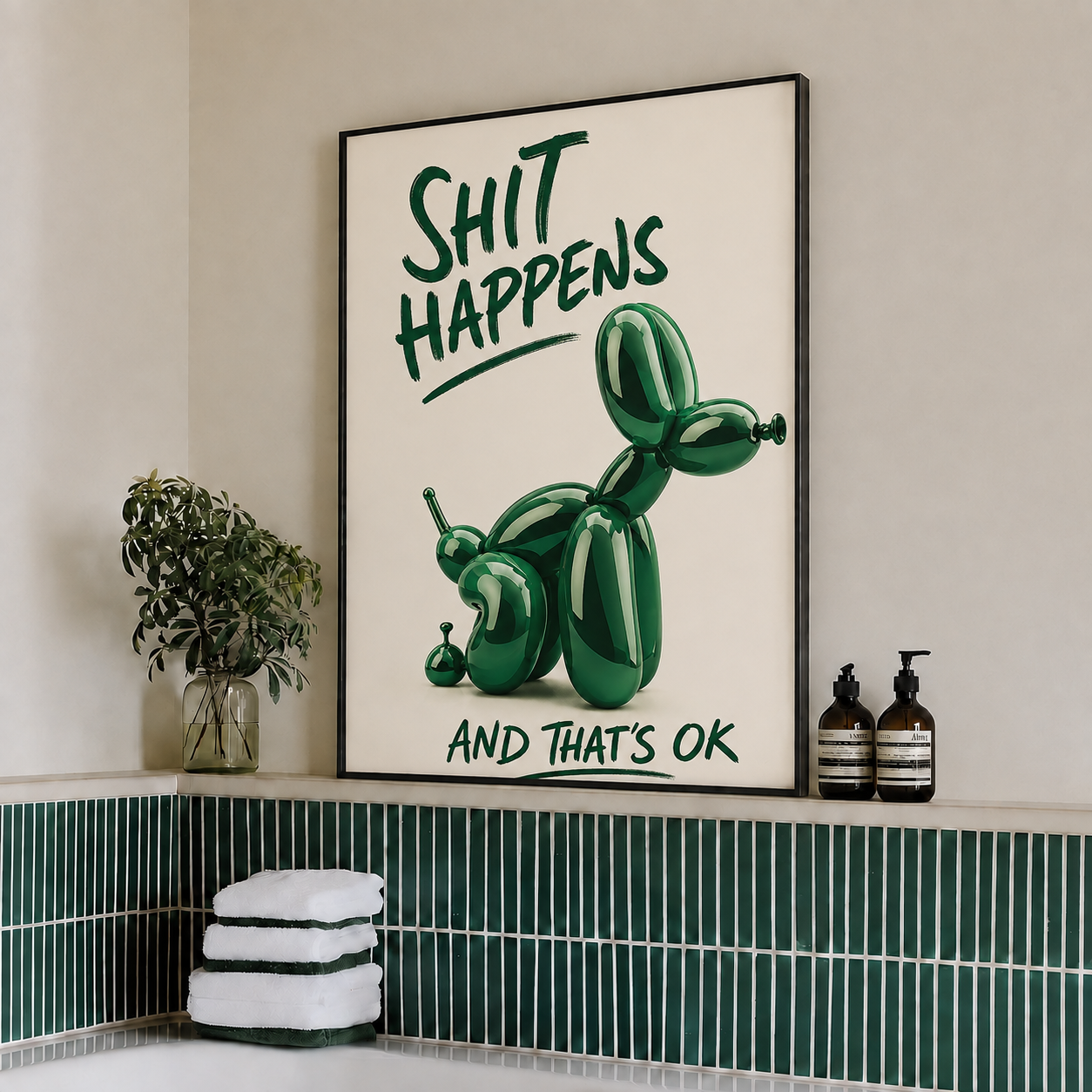 Framed balloon dog wall art on wall with green balloon dog and 'That's OK' text