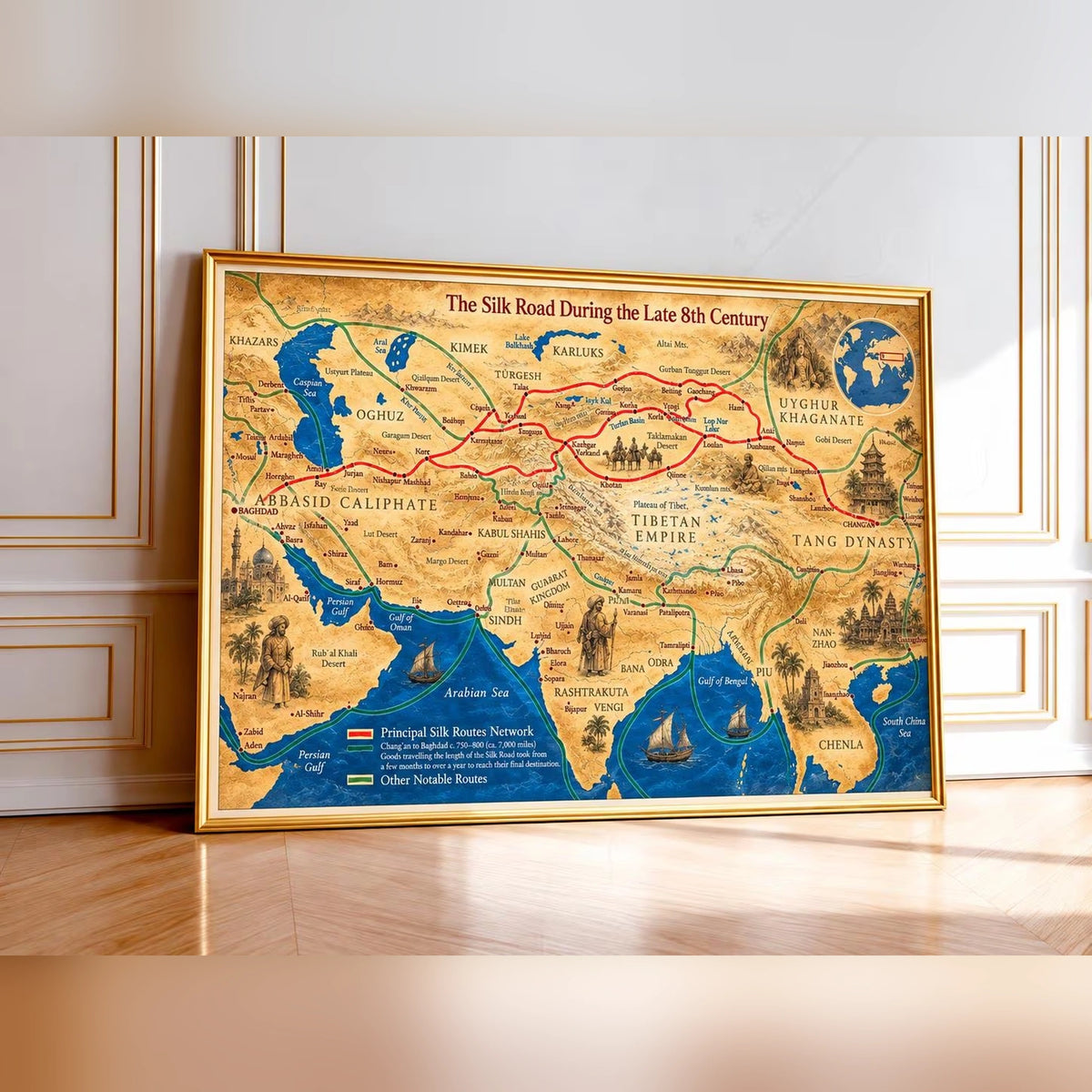 Framed historical Silk Road map wall art with colorful regions and route lines