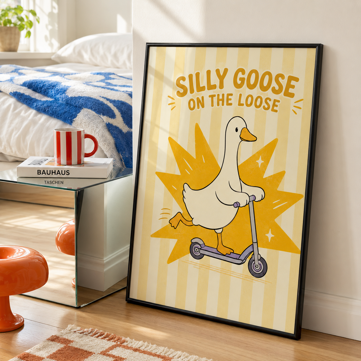 Black-framed poster wall art with white goose on scooter and yellow starburst rays