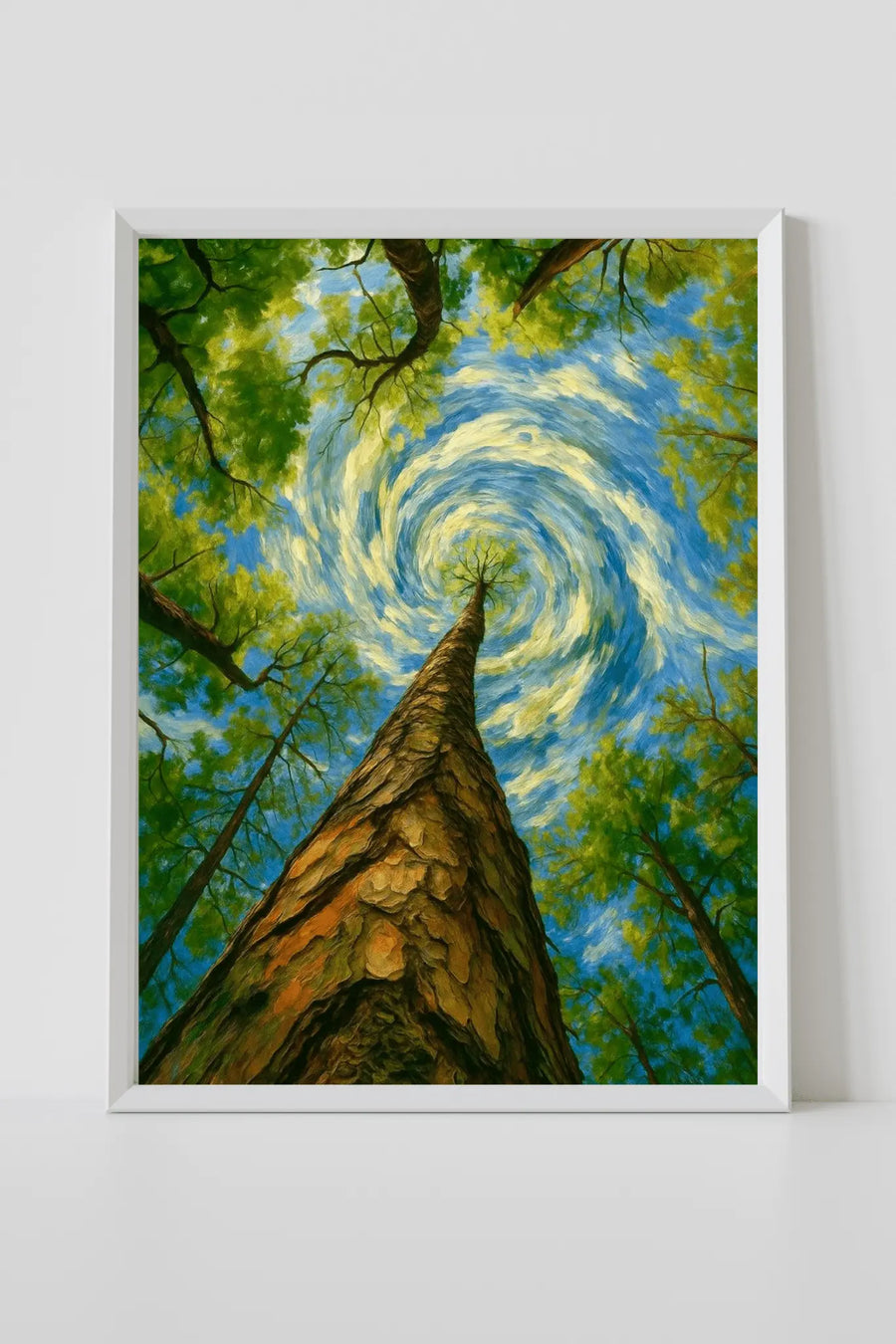 Obra de arte de árbol en espiral de bosque en marco blanco, cielo azul arremolinado y altos árboles verdes
