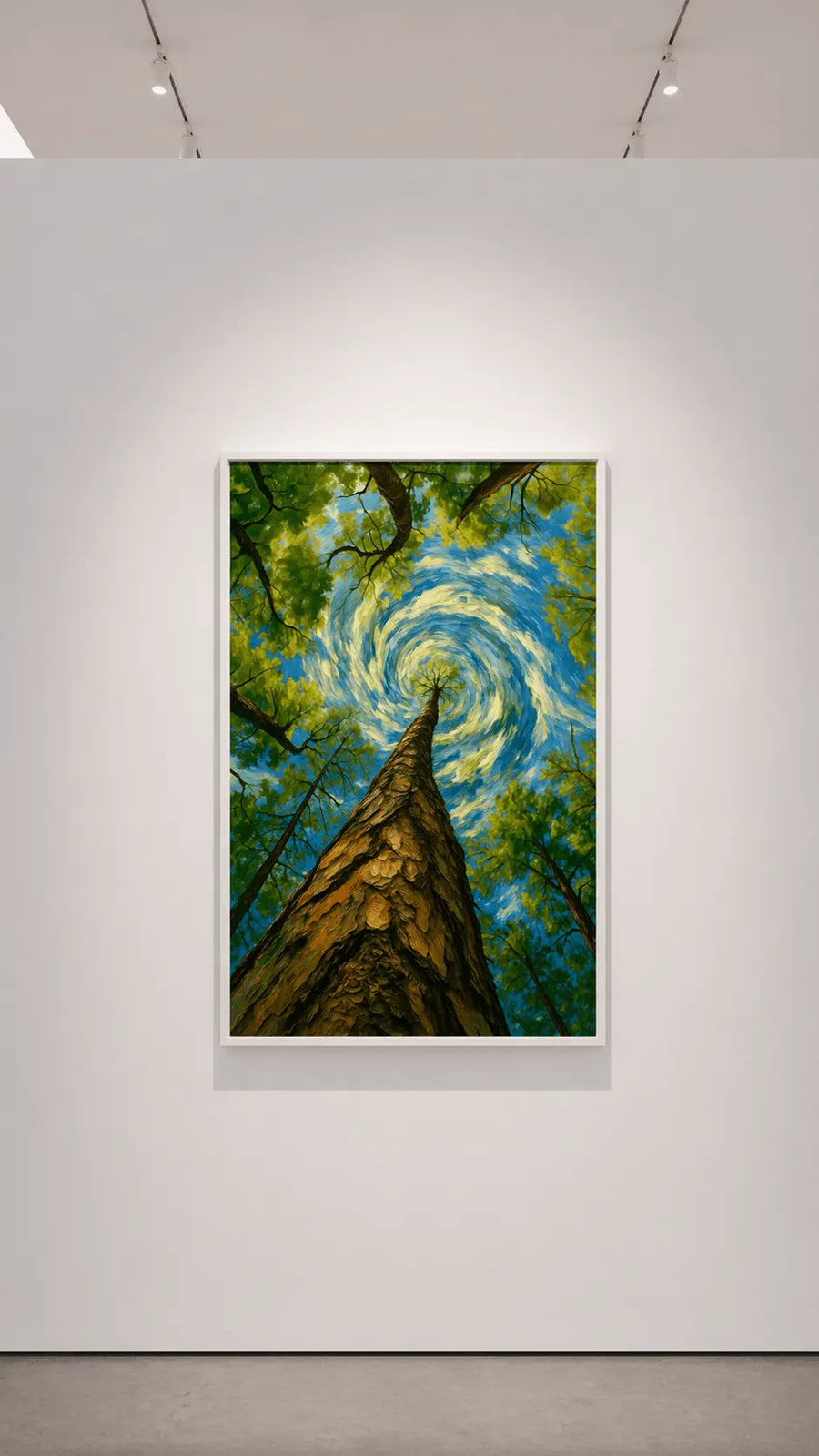 alt
Obra de arte de árbol en espiral del bosque en marco oscuro, cielo azul arremolinado sobre un imponente pino