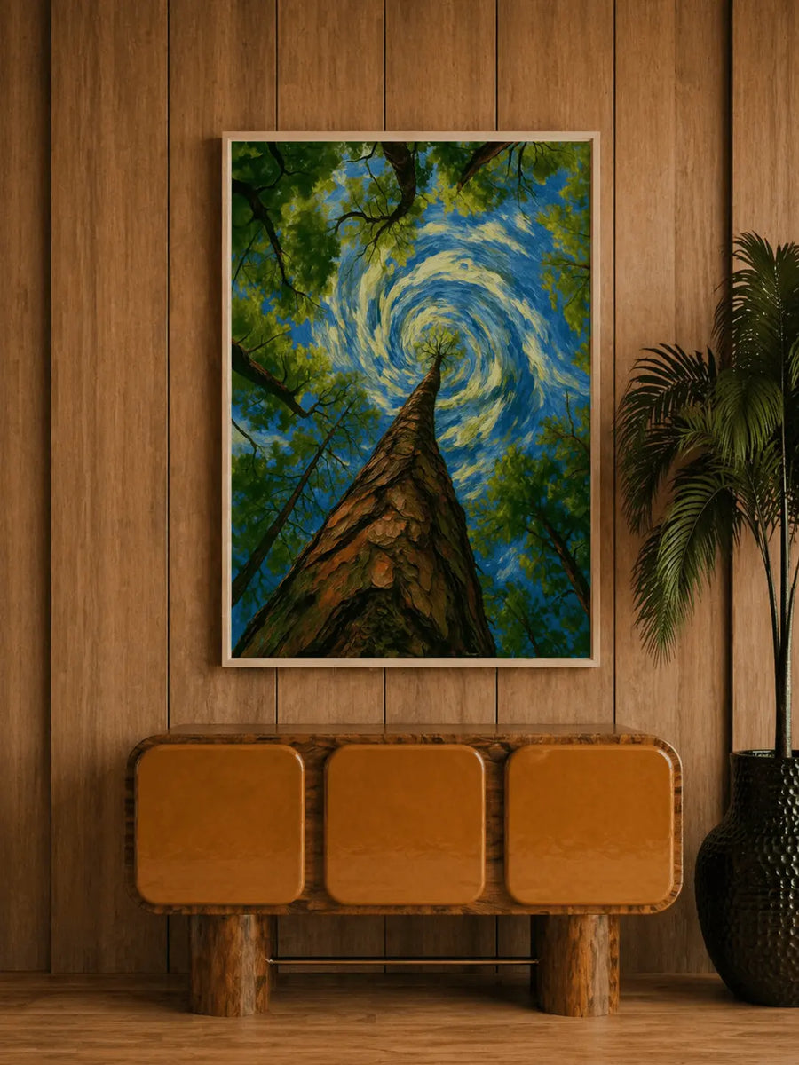 Obra de arte de árbol espiral del bosque en marco oscuro, tronco alto con copa azul verdosa en espiral