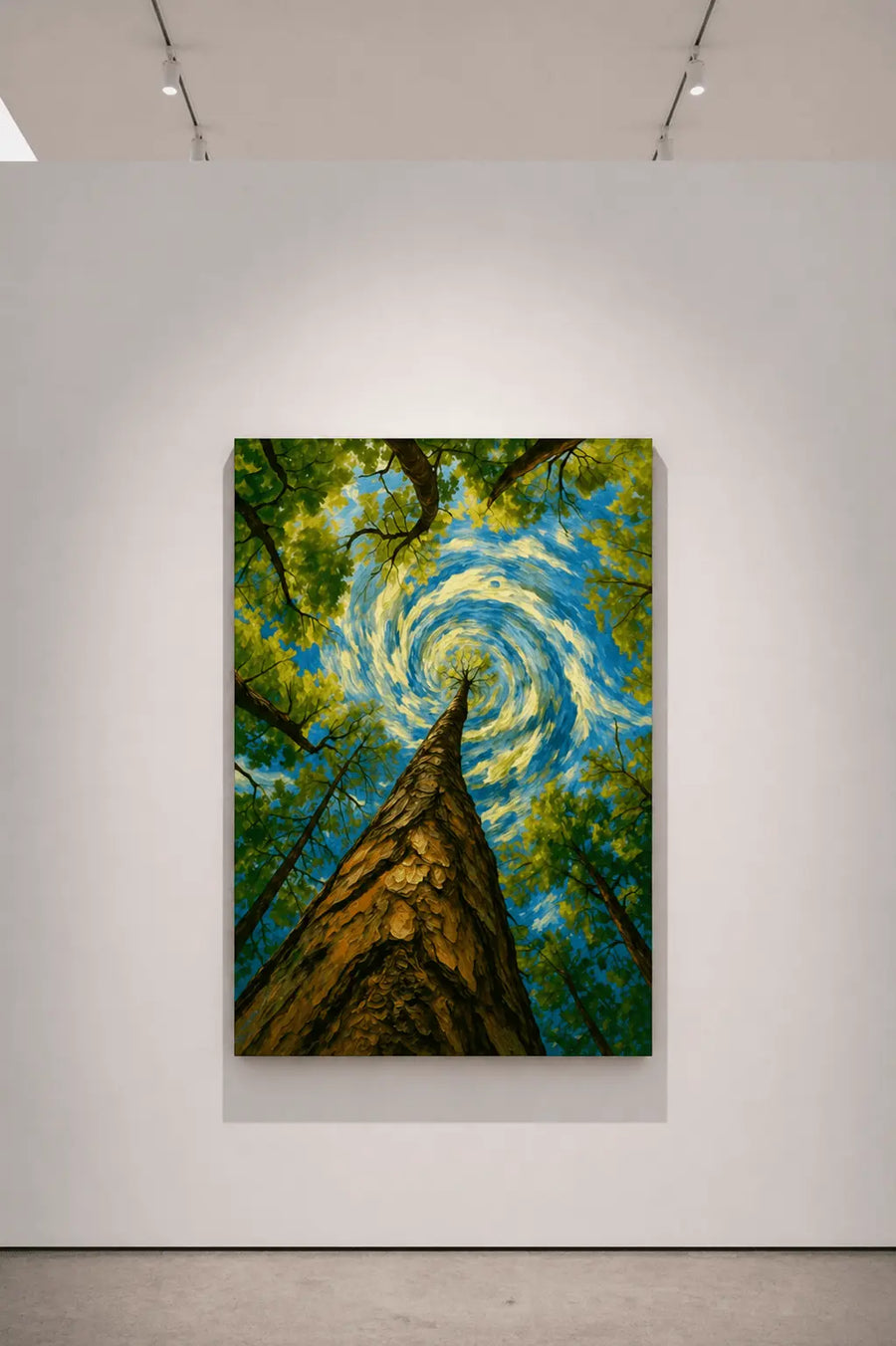 Obra de arte de árbol en espiral de bosque en marco oscuro, cielo azul arremolinado detrás de árboles hacia arriba