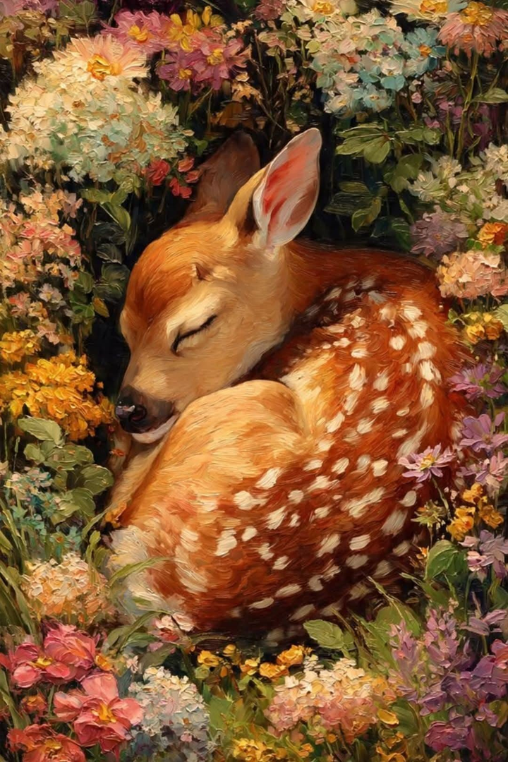 Close-up of a framed sleeping fawn artwork surrounded by colorful blossoms