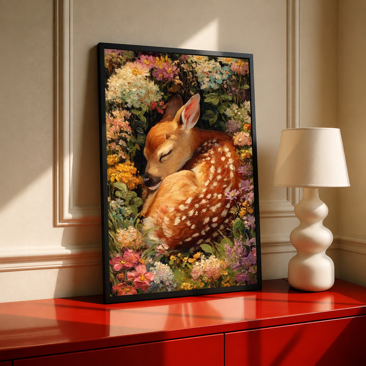 Framed floral painting of a sleeping fawn nestled in multicolor flower foliage