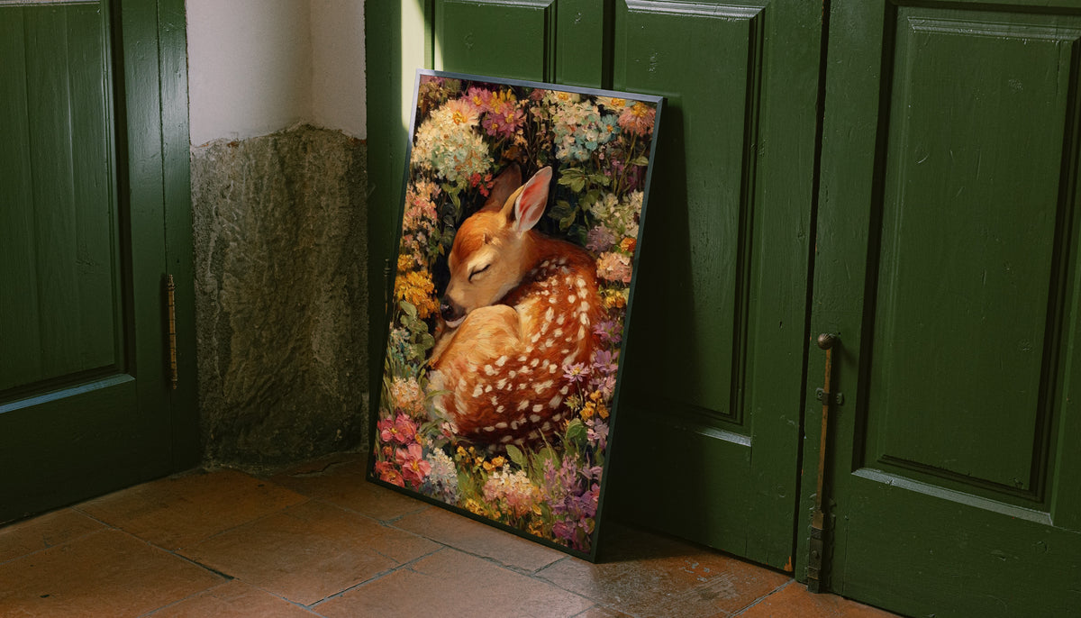 Framed sleeping fawn floral painting with the fawn resting among vibrant blossoms
