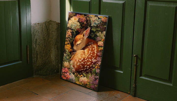 Framed sleeping fawn floral painting with the fawn resting among vibrant blossoms
