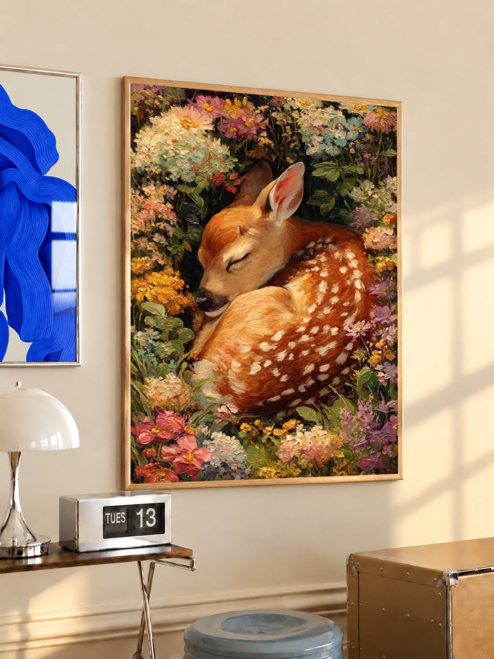 Framed floral fawn nursery painting print with a sleeping deer in a garden of flowers