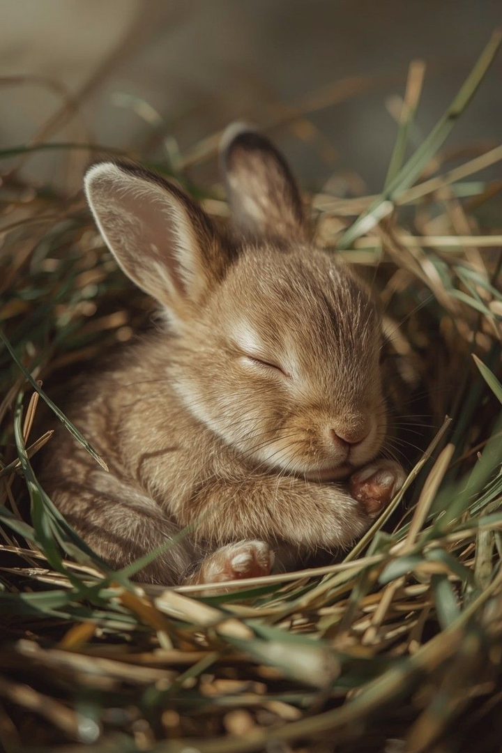 Sleeping rabbit nestled in woven grass, close-up photo print artwork