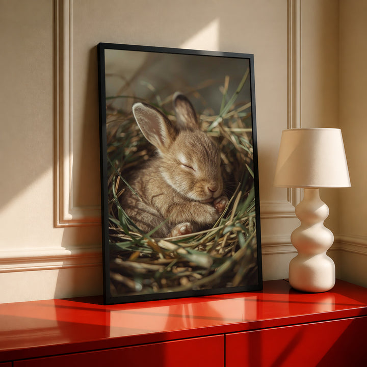 Sleeping bunny photo print in black frame, curled in grass nest