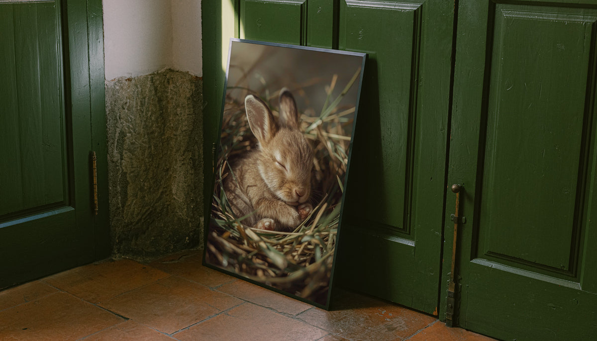 Rabbit photo print in light frame leaning against green door, sleeping in grass nest