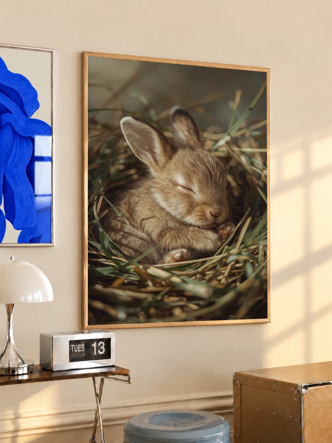 Framed rabbit photo print showing sleeping bunny in grass nest, warm woodland colors