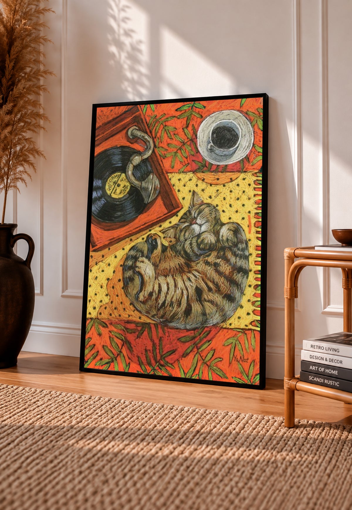Black-framed cat sleeping on vinyl art print, warm orange collage