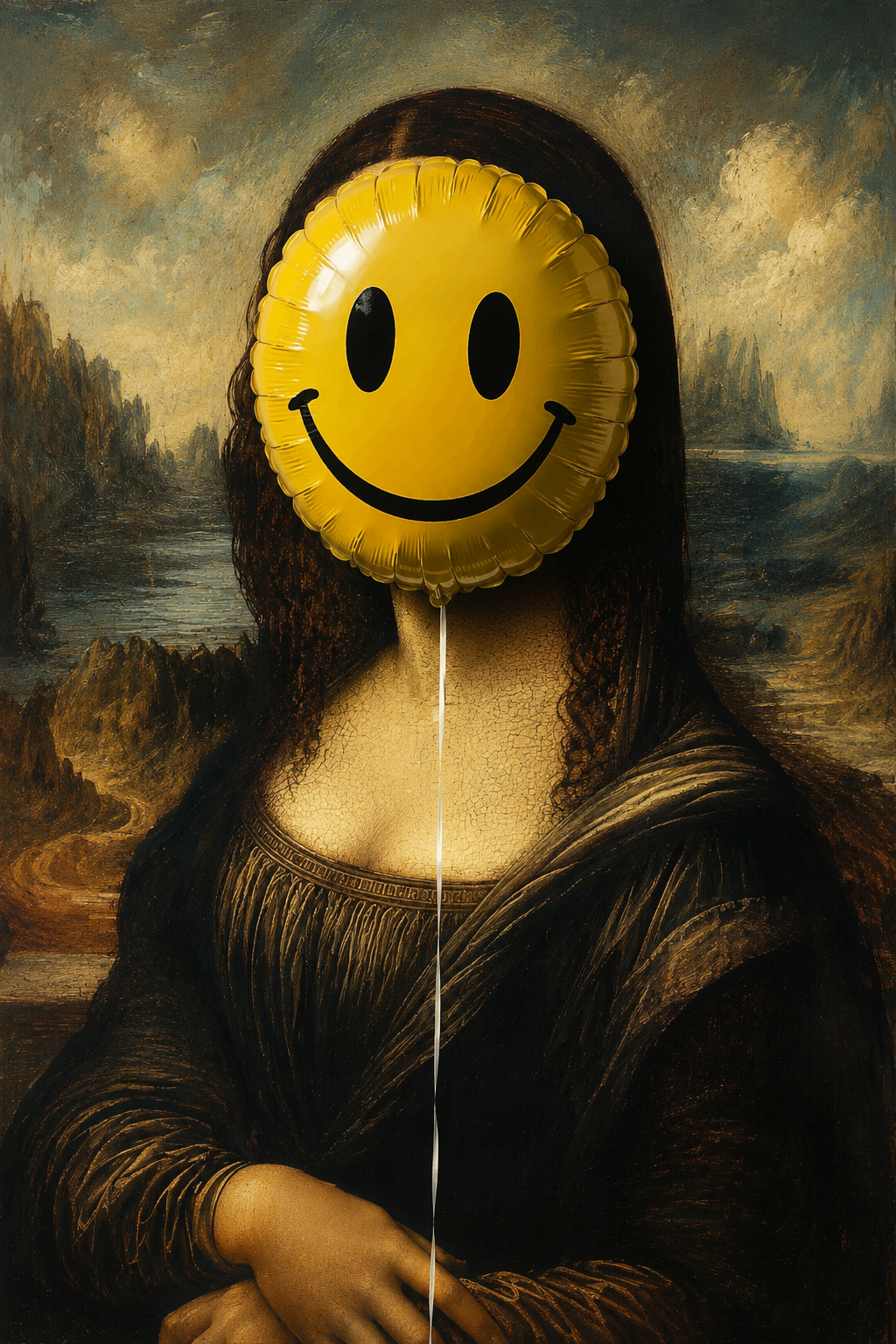 Close-up wall art of a smiling yellow balloon face over a Mona Lisa-style portrait