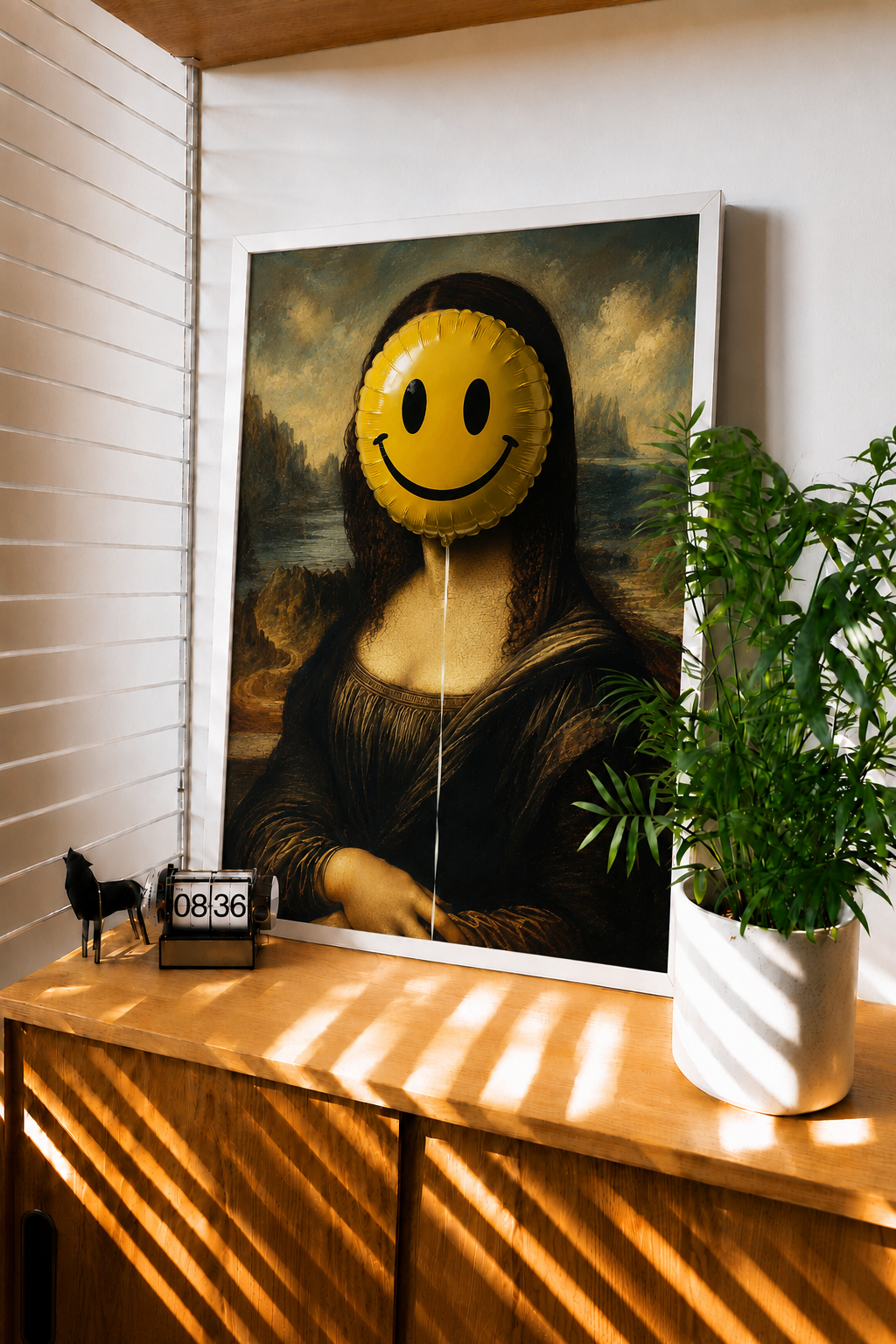 Framed wall art featuring a smiling yellow face in a Mona Lisa portrait