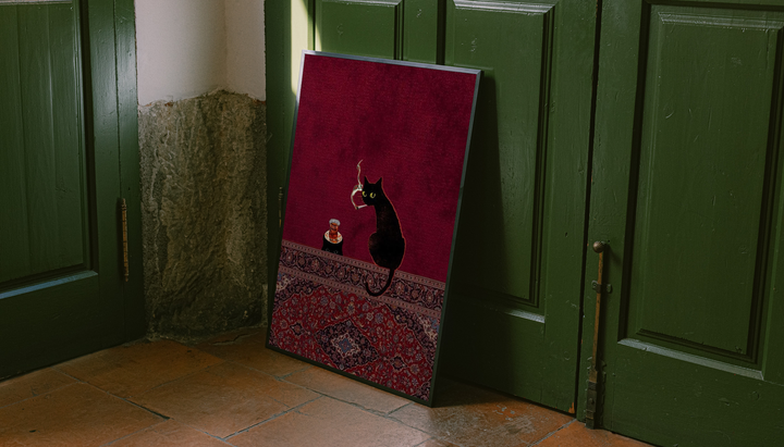 Black cats, tea glass and smoking motif as an unframed display leaning against a green paneled door on a wood floor