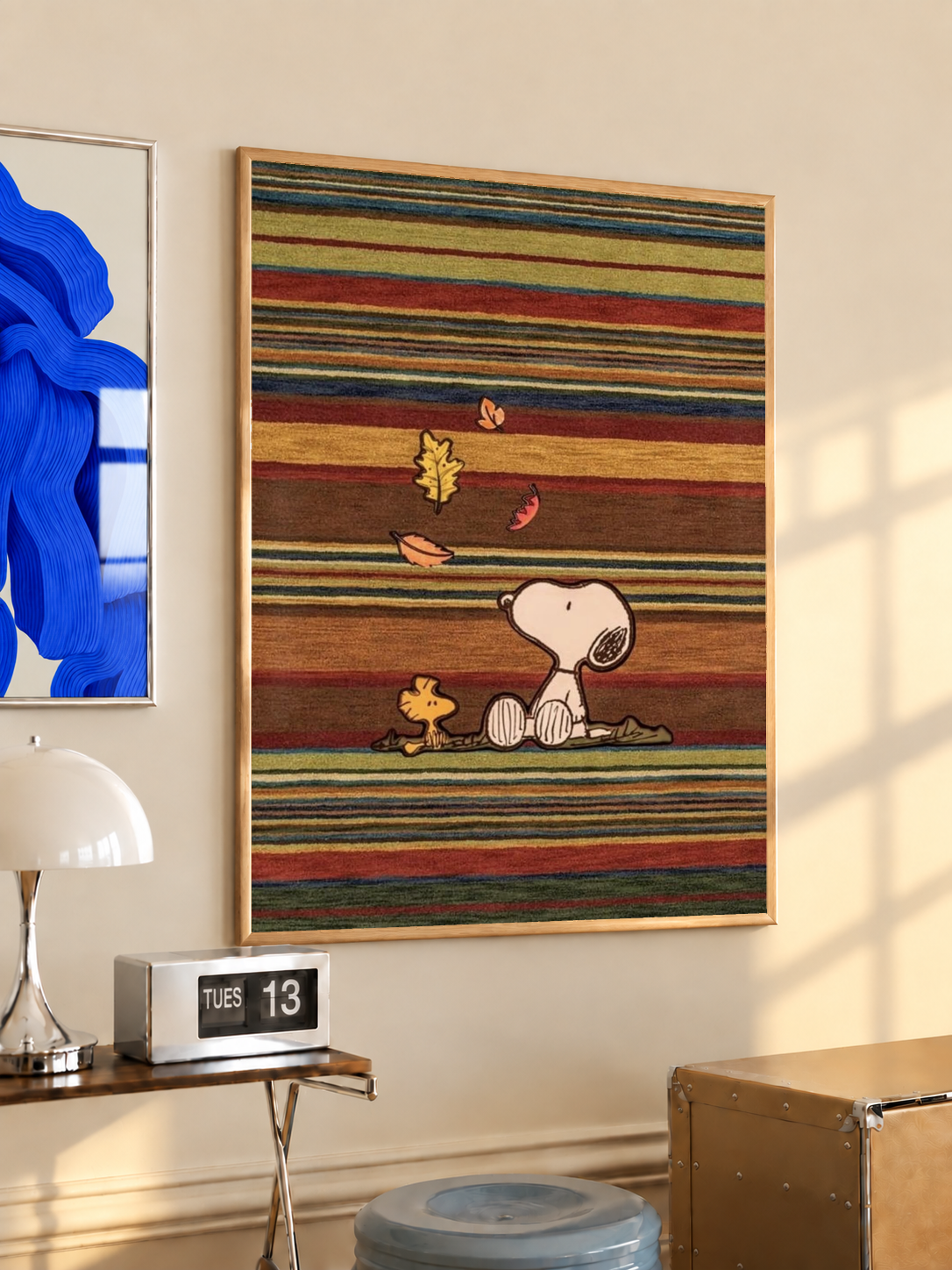 Framed Snoopy and Woodstock autumn print with horizontal retro stripes