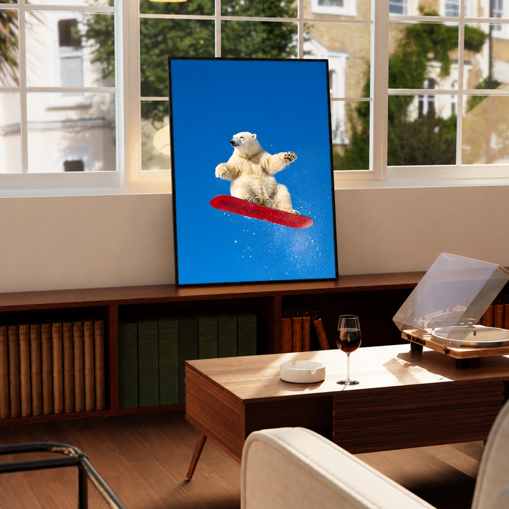 White polar bear airborne on a red snowboard with scattered snow against a bright blue sky, styled in a black frame above a wood console with books and a record player