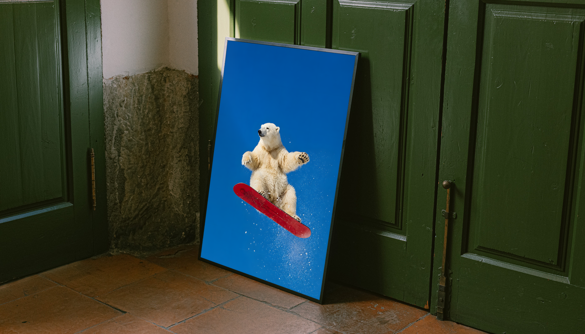 White polar bear airborne on a red snowboard with scattered snow against a bright blue sky, styled in a black frame against dark green paneled doors above orange floor tiles