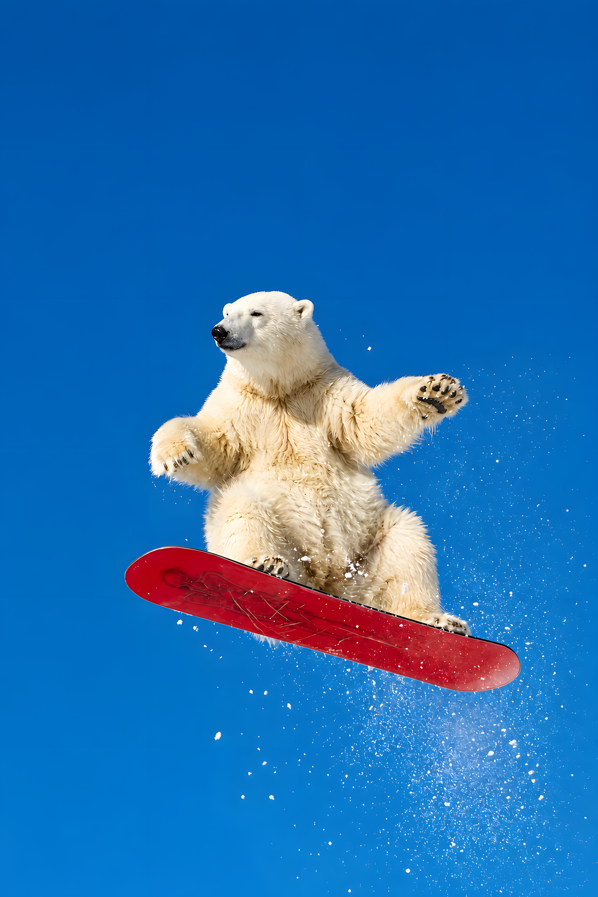 White polar bear airborne on a red snowboard with scattered snow against a bright blue sky