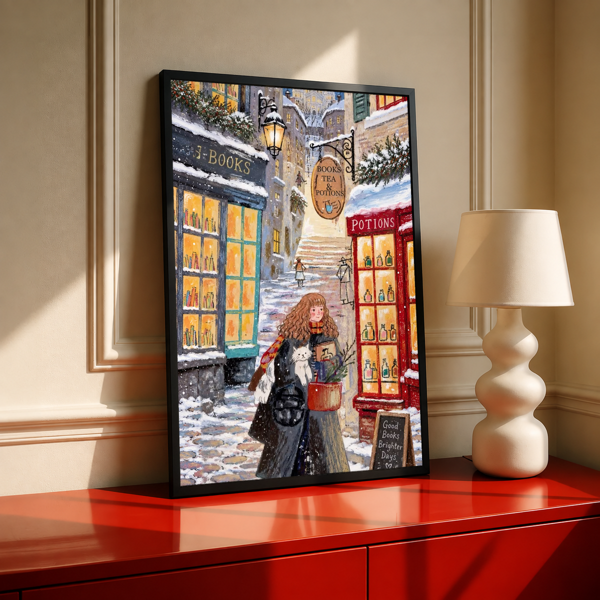 Black-framed snowy bookshop scene with red-haired girl holding a white cat