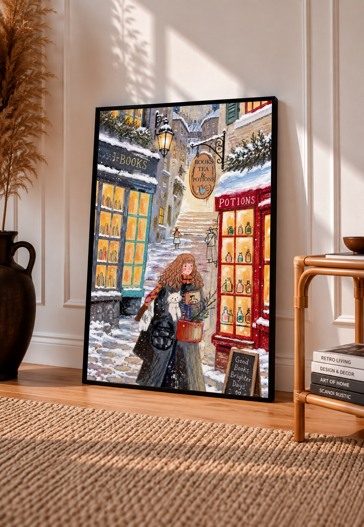 Black-framed snowy bookshop print with red-haired girl holding a white cat