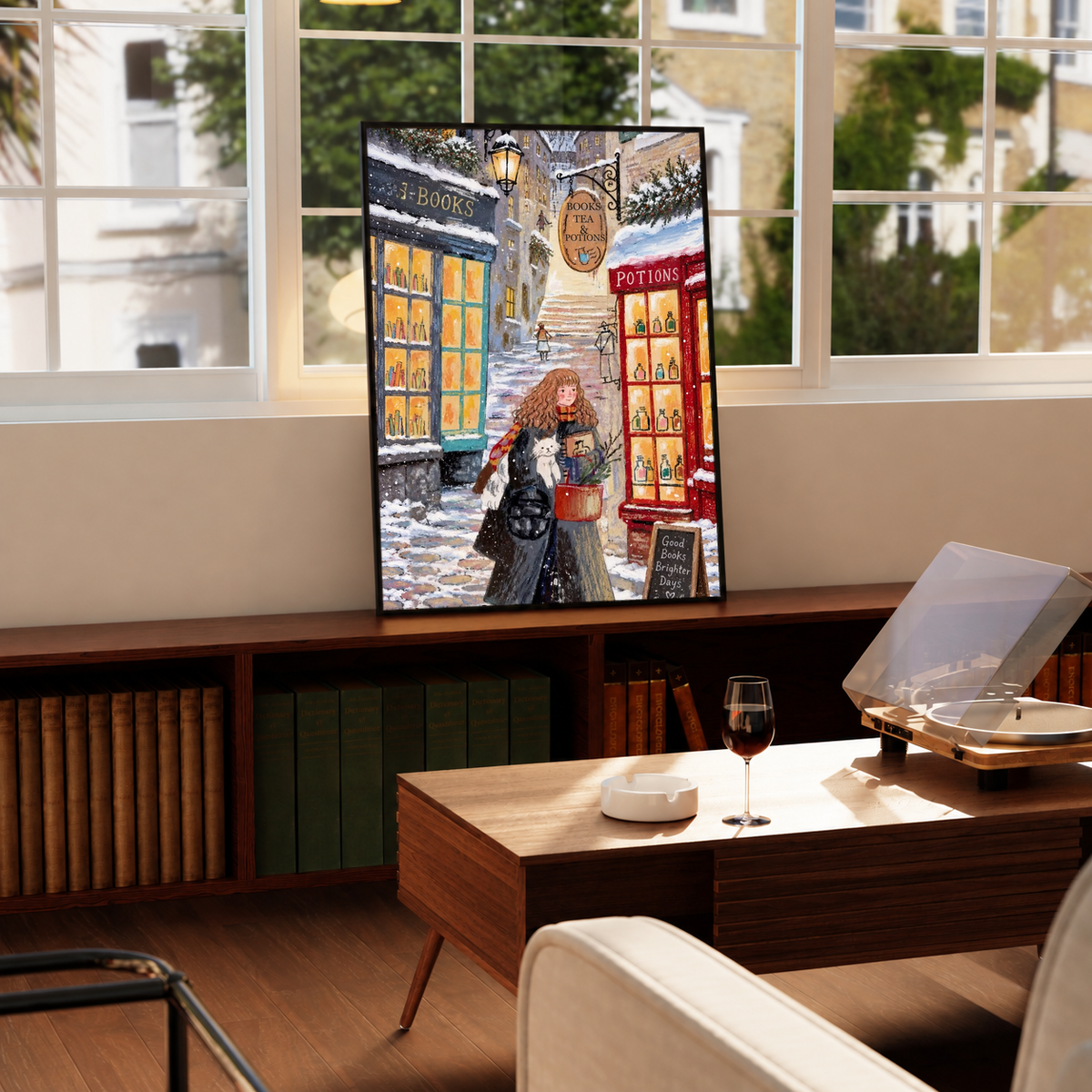 Black-framed snowy storefront print with red-haired girl and white cat