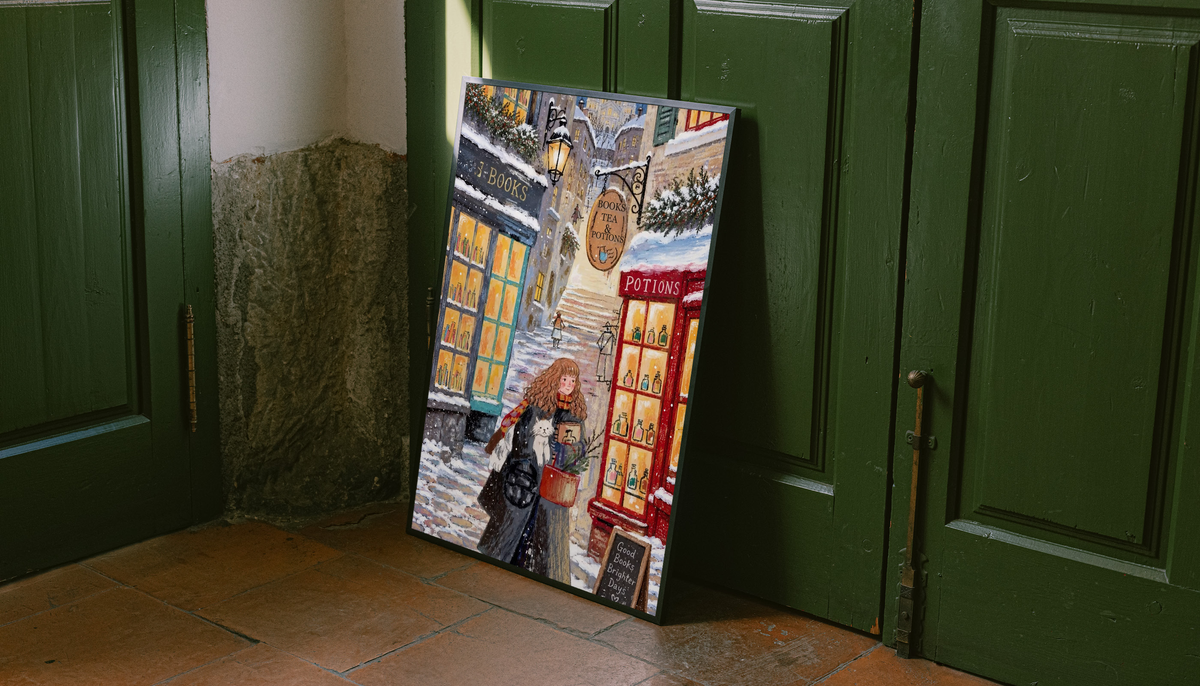 Framed snowy bookshop print with red-haired girl holding a white cat
