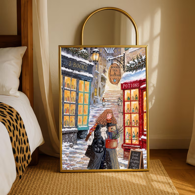 Gold arched framed snowy bookshop print with red-haired girl holding a white cat