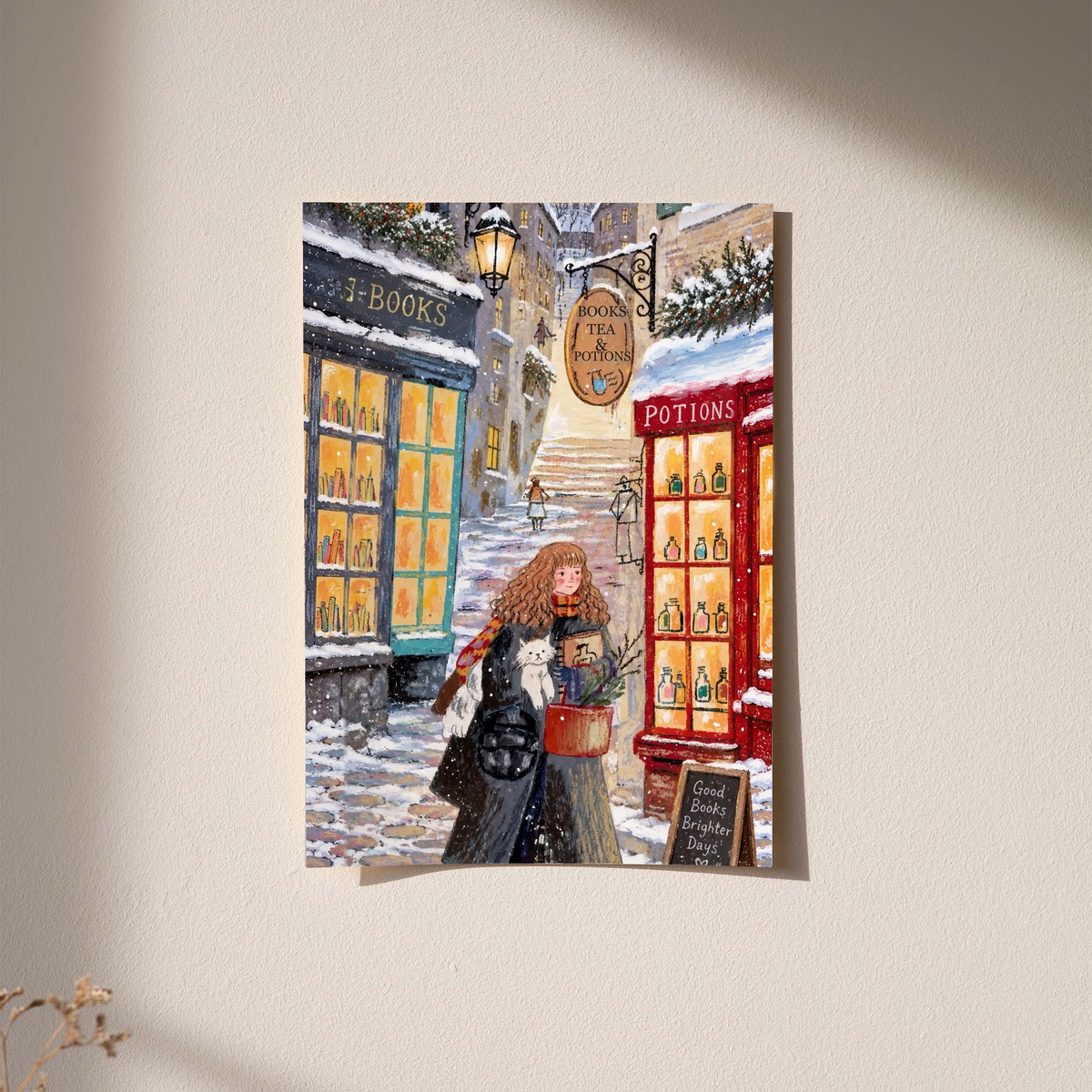 Unframed snowy street print with red-haired girl holding a white cat