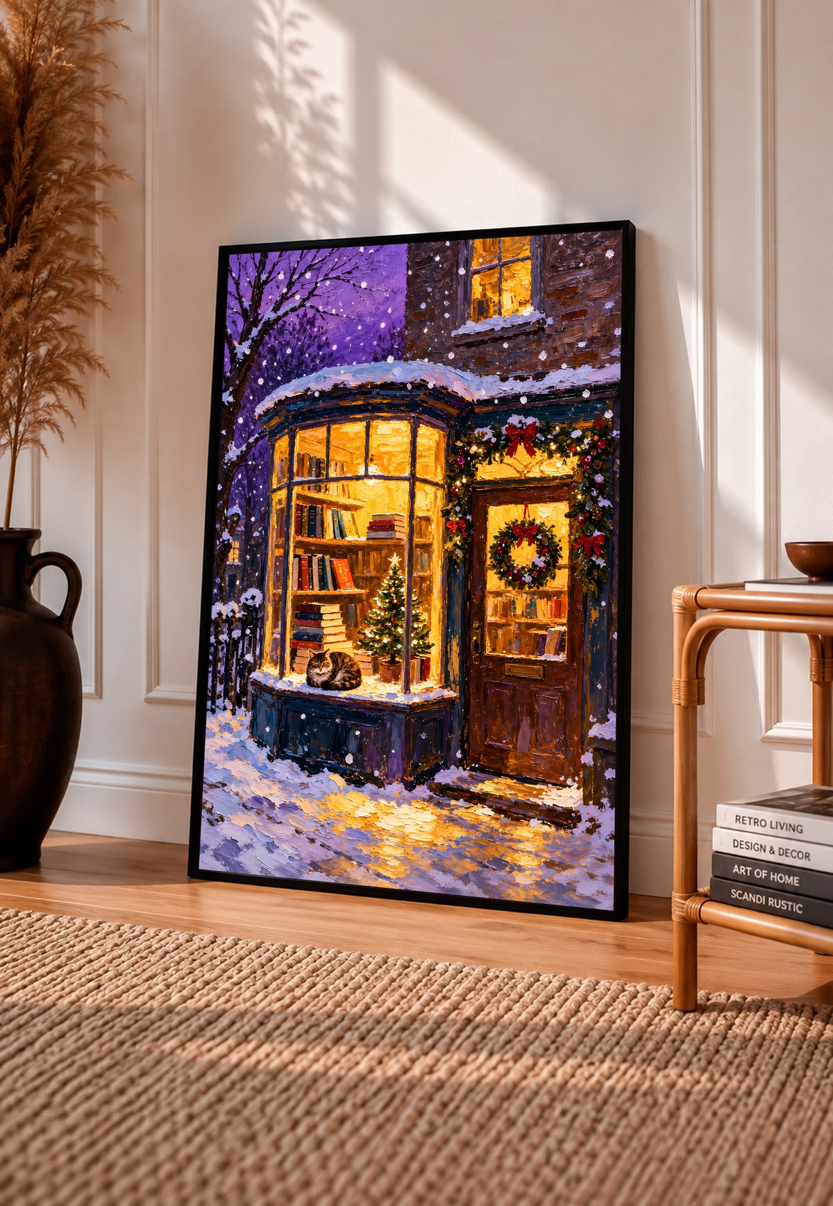 Framed Christmas bookshop art print with a cat in the window, snowy scene and glowing lights