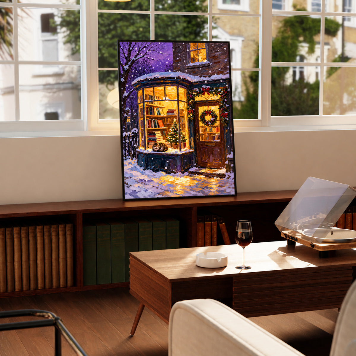 Christmas bookshop art print showing a cat in the window, books and falling snow